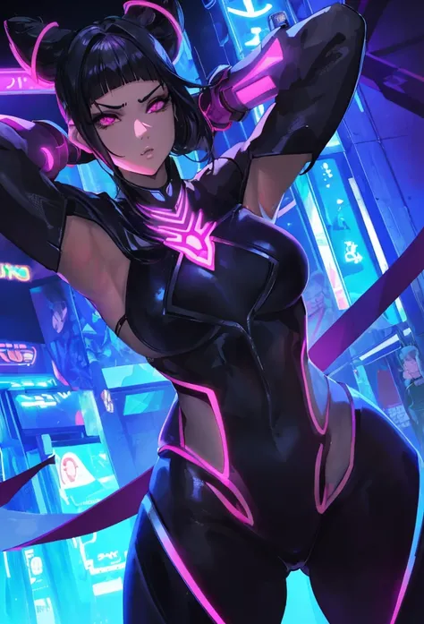 anime girl in a black suit with pink neon lights, KDA, Modelo IG | Artgerm, Artgerm extremadamente detallado, Estilo Artgerm, Arte conceptual Neon Glow, Cyber Noir, Arte digital cyberpunk anime, Fiora de League of Legends, in the Estilo Artgerm, hero pose ...