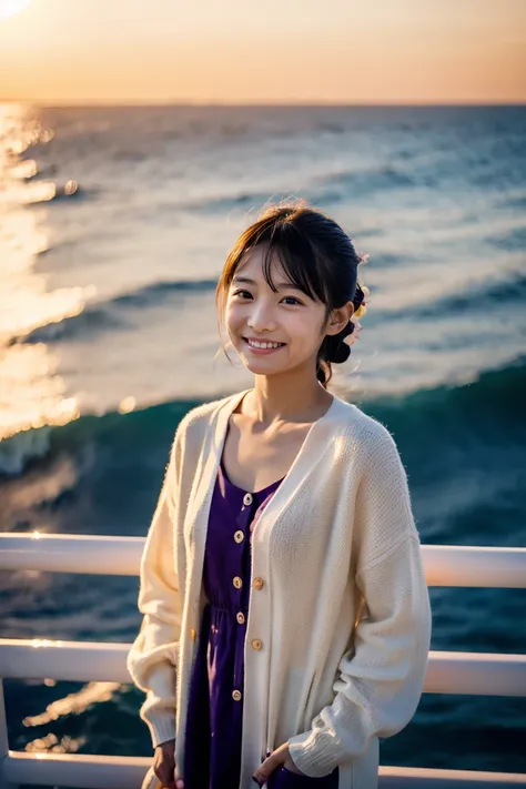 Beautiful girl wearing a summer dress、thin summer cardigan、11 year old、japanes、Sunset sea from the ship deck、No bulge in the chest、Wistful expression、Wheat-colored　The skin、heavy wind、black onion hair、Luxury liner、少し日焼けしたThe skin、Black、the setting sun、smil...