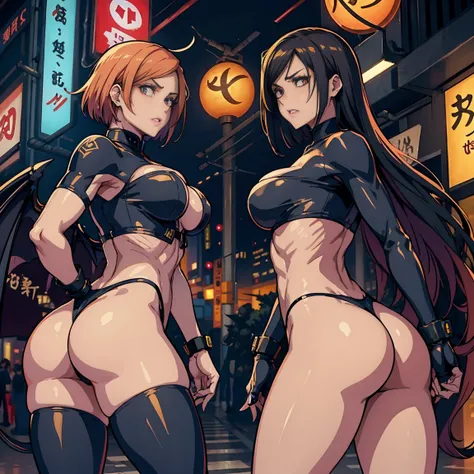 (2 Cyberpunk Demon waifus), (high resolution), (high res), 2 women, great quality, (2 mature women), (pair of women), very angry faces, long fangs, diamond faces, perfect eyes, demon tail, wings, strong shadows, (neon light), neon, naked, detailed faces, s...