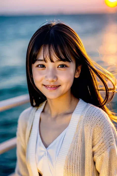 Beautiful girl wearing a summer dress、thin summer cardigan、11 year old、japanes、Sunset sea from the ship deck、No bulge in the chest、Wistful expression、Wheat-colored　The skin、heavy wind、Straight long black hair with bangs、Luxury liner、少し日焼けしたThe skin、Black、t...