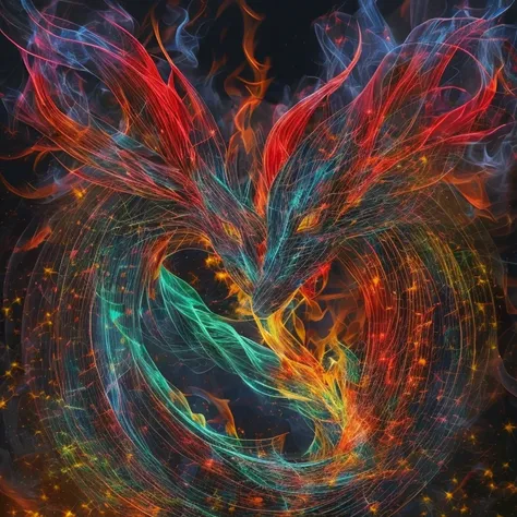 (Fire dragon ), neon red, smoke, fire, flames, dripping, blood, red and blue colors , large fire wings