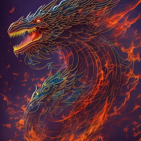 (fire dragon ), neon red, smoke, fire, flames, dripping, blood, red and blue colors , large fire wings