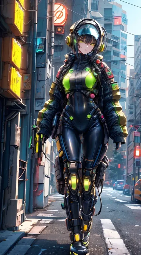 (yellow Cyberpunk speed tactical suit:1) (1womanl) Dark theme :: Focus on close-up of the face, Serious face, Civetik visor, :: Medium black hair, thick thighs :: ultra realistic futuristic speedster scifi Cyberpunk athletic woman, Black eyes, ((Running in...