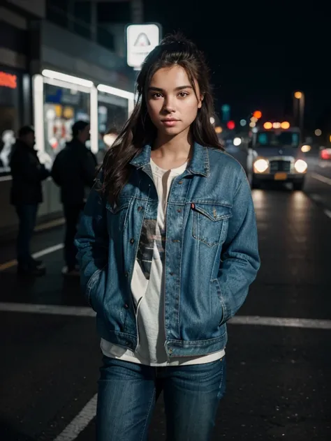 Masterpiece, best quality, 1 girl wearing levis jacket, and a boy wearing lether jacket, hands go into pockets, standing of a busy highway at night.bokeh of vehicle lights,auto focused, ultra detail, hdr photography