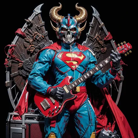 picture gundam wearing superman clothes and shoes,playing guitar,armor baphomet,skull,blood,with amply,full colors,background black