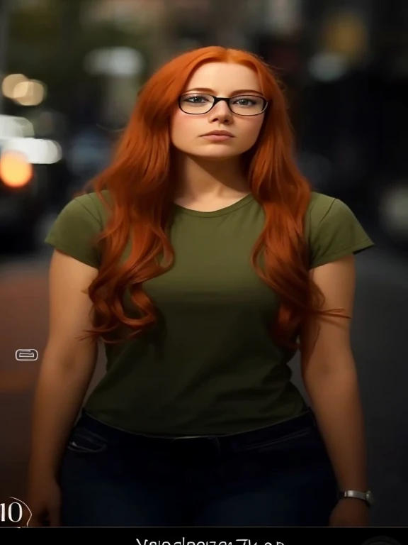 there is a woman with glasses standing on a city street, ela tem cabelos longos e redorange, Ela tem longos cabelos castanhos alaranjados, redhead girl, redhead woman, cabelos vermelhos da cintura longa, ela tem cabelos ruivos, cabelo longo de gengibre, re...