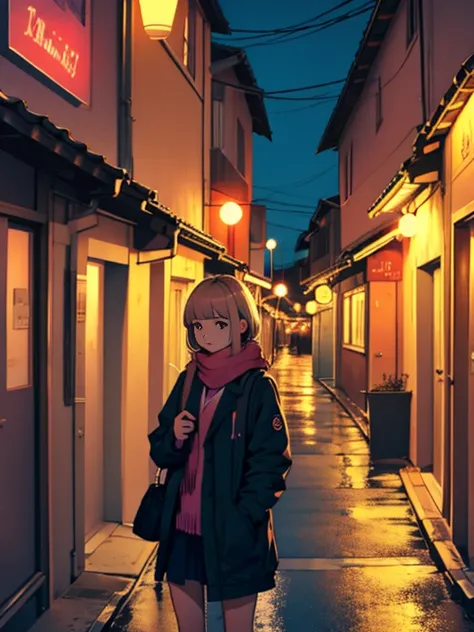 Girl in a modern town at night