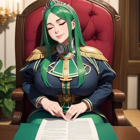 una emperadora mexicana con grandes pechos, sonrojada, sitting and squeezing her breasts who has long green hair smiling with her eyes closed with a paper of the constitution of Mexico, y en el fondo el palacio municipal de la CDMX