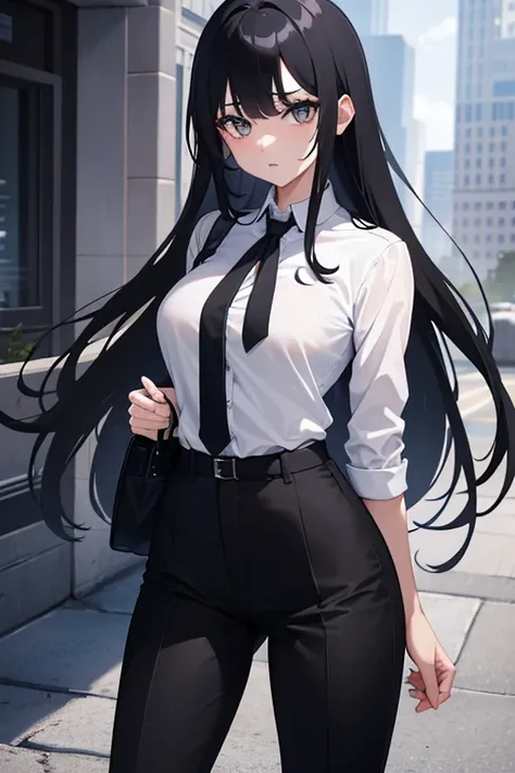 1girl, long black hair, grey eyes, wearing business suit, high res, ultrasharp, 8K, masterpiece, looking at viewer, absurdres, 5 fingers, black tie, black pants