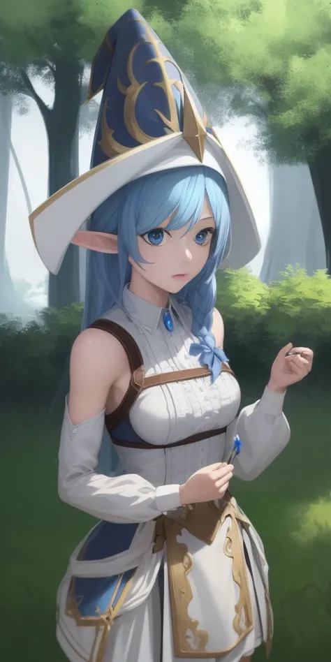 1girl, blue hair, blue eyes, elf ears, wizard hat, white dress, cowboy shot, outdoors, landscape, quality, masterprice, (solo:1.1), raytracing, ultra detailed,detailed face, 8k wallpaper, quality, masterprice, 1girl, (solo:1.1), raytracing, ultra detailed,...