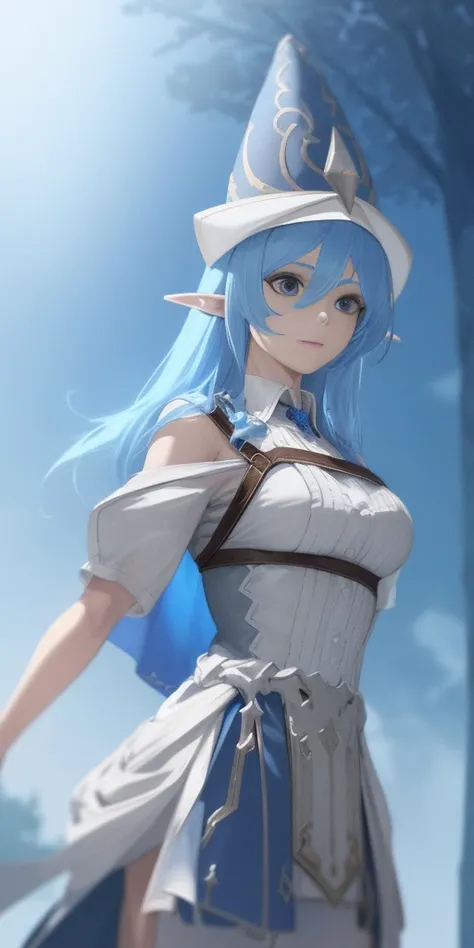 1girl, blue hair, blue eyes, elf ears, wizard hat, white dress, cowboy shot, outdoors, landscape, quality, masterprice, (solo:1.1), raytracing, ultra detailed,detailed face, 8k wallpaper, quality, masterprice, 1girl, (solo:1.1), raytracing, ultra detailed,...