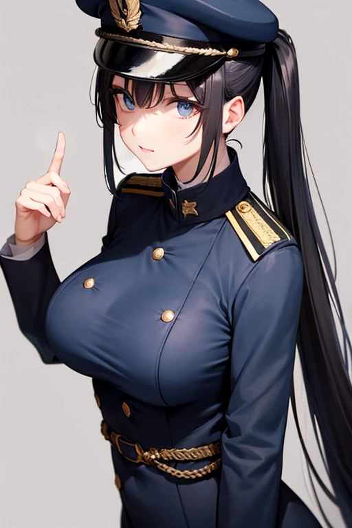 Dark Blue Military Uniform, Black Hair, Breast, Military Cap, Ponytail