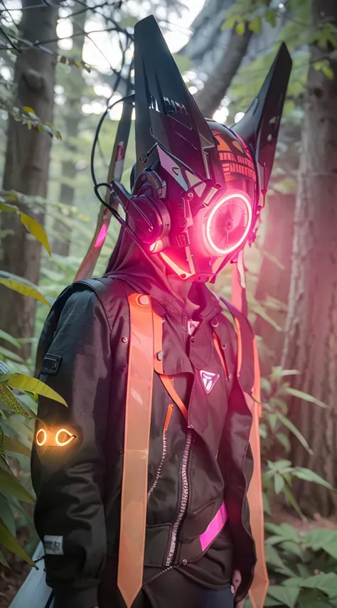 original, masterpiece, best quality, a cyborg woman in a orange circle light up black cyberhelmet with White ears, wearing Neon pink jacket, night day, on the forest ,epic detail, 64K