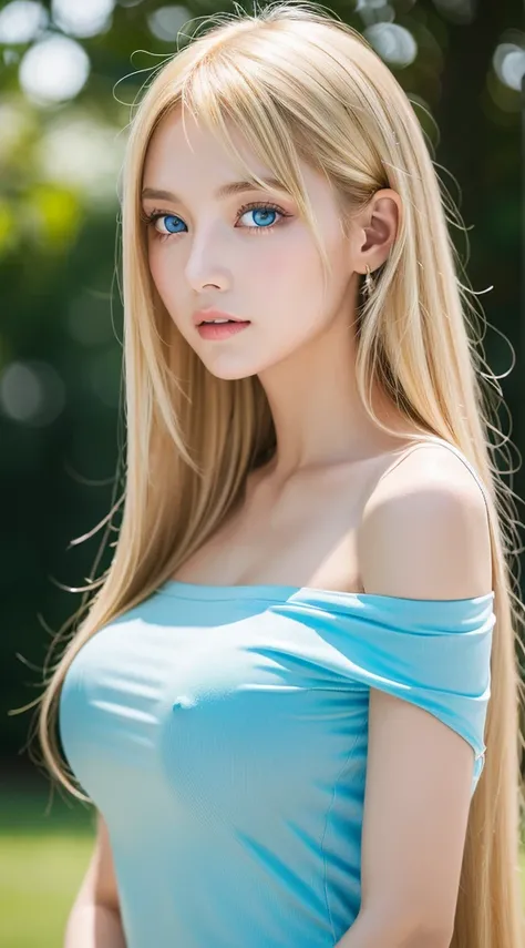 1girl in, age19, Solo, Super Long Straight Blonde Hair, Colossal tits, bright expression、Looking at Viewer, ((Glossy bright silky blonde hair))、Very beautiful light blue eyes and messy bangs between the nose and eyes、de pele branca、Beautiful skin、glowy ski...