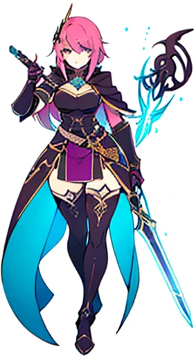 (((Best Quality))) , ((full body)), female, reference sheet, solo, (white background), holding staff or sword, gauntlets, thigh high, femloin, cloak, long hair, blue, red, green, violet, pink, white, armored dress,