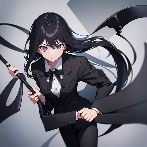 1girl, long black hair, grey eyes, wearing business suit, high res, ultrasharp, 8K, masterpiece, looking at viewer, 5 fingers, black tie, holding black scythe