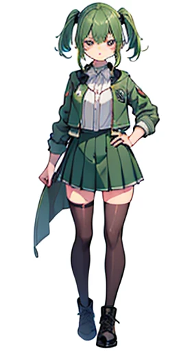 (((Best Quality))) , ((full body)), female, reference sheet, solo, (white background), thigh high, green short jacket, pleats skirt,