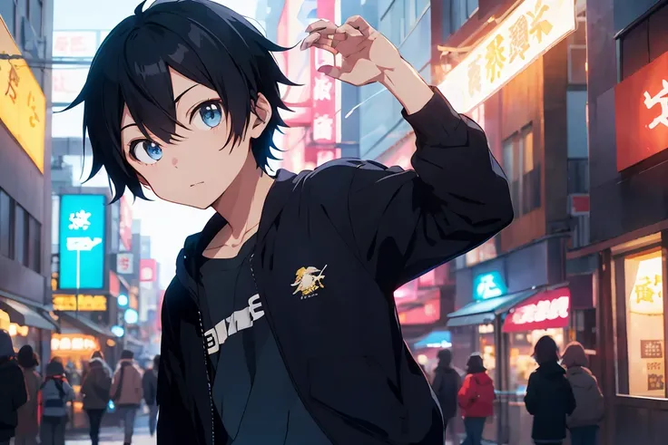 Anime-style、Stand on the neon street、1、of black hair、A young man wearing baggy dark blue clothes。