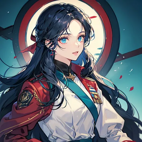 A girl with long black hair wearing a red military uniform,Blue inner color for hair,Eyes are blue,Glowing blue eyes,Red military uniform with green sash,a cool,A slight smil