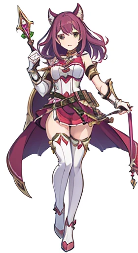 (((Best Quality))) , ((full body)), female, reference sheet, solo, (white background), holding staff, gauntlets, thigh high, femloin, belt, blue, red, green, violet, pink, white,