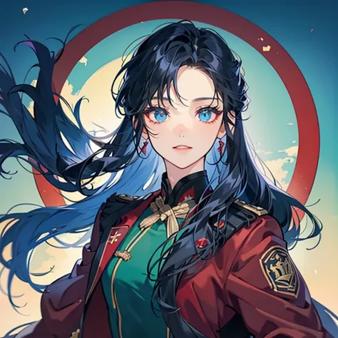 A girl with long black hair wearing a red military uniform,Blue inner color for hair,Eyes are blue,Glowing blue eyes,Red military uniform with green sash,a cool,A slight smil