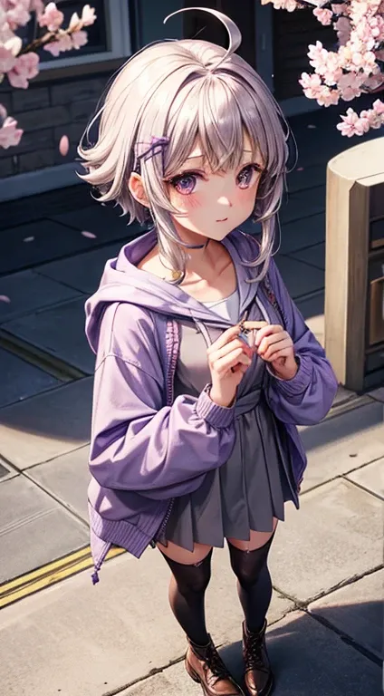 aayukari,ahoge,short hair with long locks,hair ornament,purple dress,criss-cross halter,hooded jacket,long sleeves,open jacket,purple thighhighs,shoes, bbyukari,short hair,bangs,hairclip,serafuku,white sailor collar,brown cardigan,grey shirt,long sleeves,p...