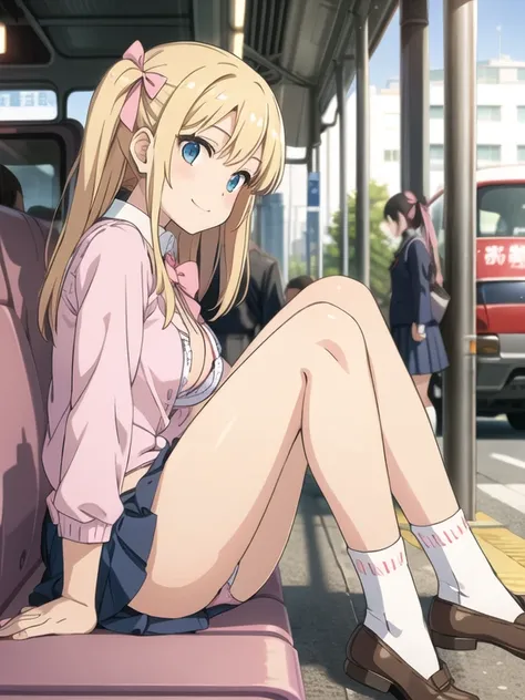 hi-school girl、Loose Socks、a blond、Twin-tailed、bow ribbon、A smile、校服、Blue checked mini skirt、Loose Socks、sitting on a bus chair、spread your legs from side to side、Pink Panties、Loose Socks、lowfers、In front of the station、Light blue shirt、white collar shirt。...