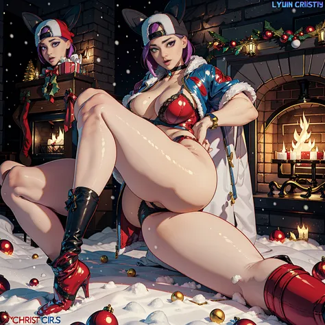 comlynx, 1girl, breasts, hat, choker, animal_ears, purple_eyes, full body, big tits, big butt, voluptuous, open legs, sexy pose, cleavage, Christmas hat, Christmas Clothes, snow, christmas lingerie, christmas coat, christmas stockings, christmas heels