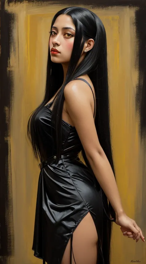 oil painting, visible brushstrokes, from below, from side, dutch angle, 1girl, yellow eyes, fit latina, very long black hair, solo, 1910s, minidress