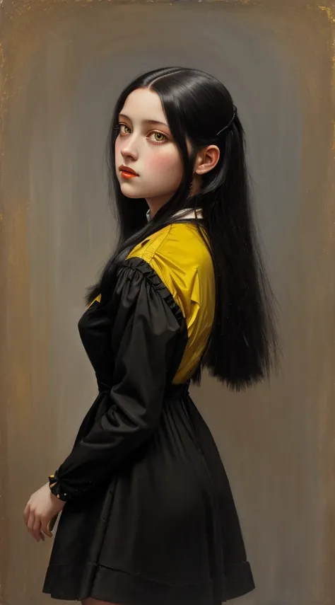 oil painting, 1 girl, from below, from side, dutch angle, fit, yellow eyes, long black hair, 1900s minidress