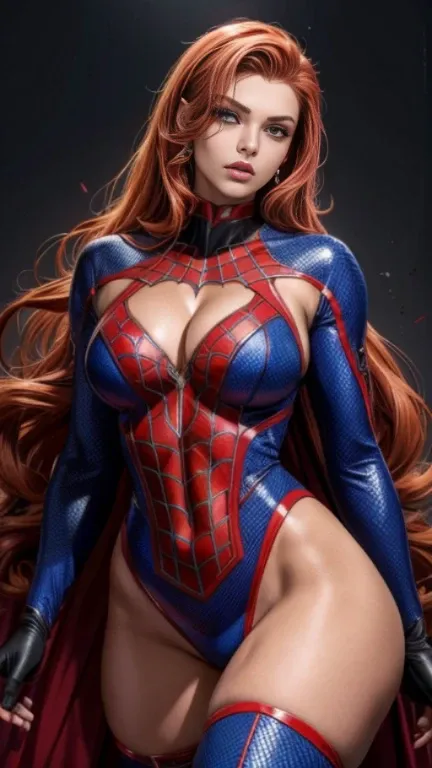 Linda mulher ruiva detalhou o corpo definido, usando o traje do homem aranha, Seios enormes, pose de modelo do homem aranha