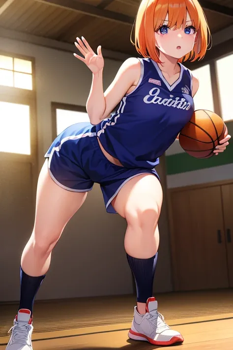 yotsubanakano, Yotsuba Nakano, Bangs, Short hair, Blue eyes, hair between eye, hair bow ribbon, shairband, Orange hair, 白bow ribbon,
Shirt, Bow, bow ribbon, wear basketball team tanktop , basketball shortpants, basketball, basketball court, Indoor, wear bl...