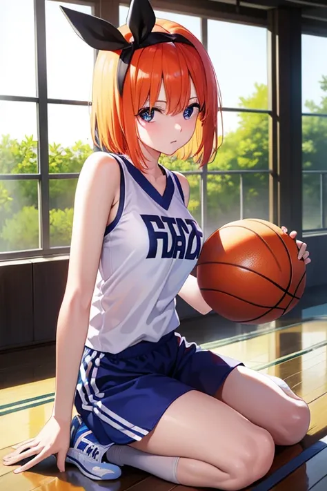 yotsubanakano, Yotsuba Nakano, Bangs, Short hair, Blue eyes, hair between eye, hair bow ribbon, shairband, Orange hair, 白bow ribbon,
Shirt, Bow, bow ribbon, wear basketball team tanktop , basketball shortpants, basketball, basketball court, Indoor, wear bl...