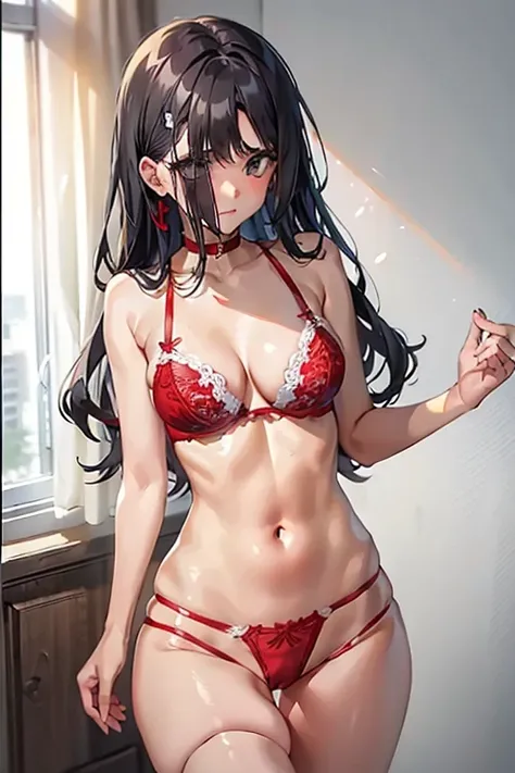 1girl, embarrassed expression, torn shirt, white shirt, suit pants, black pants, torn pants, red bra, red panties, lace bra, lace panties, long black hair