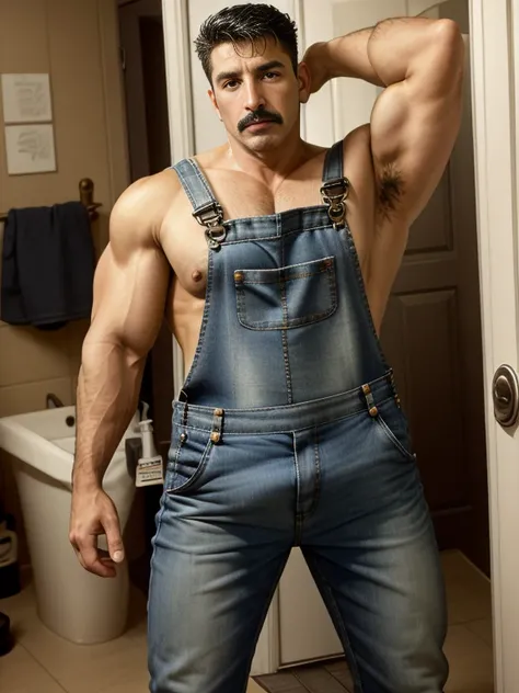 1 mexican man 50 years old, bodybuilder,plumber,moustache, shirtless,  overalls, full body