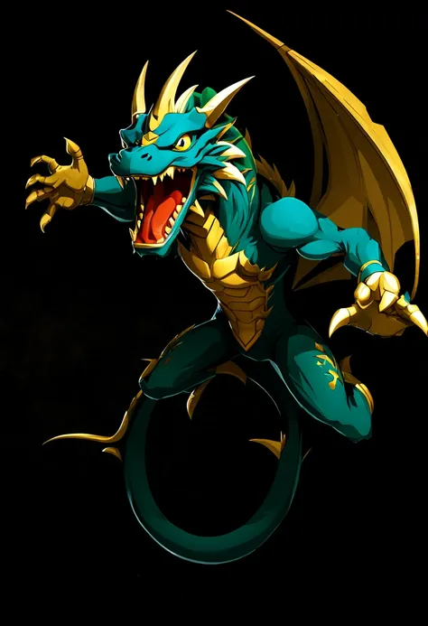 um dragao humanoide jovem voando,smug, background story,black background story,arte por ncrender,