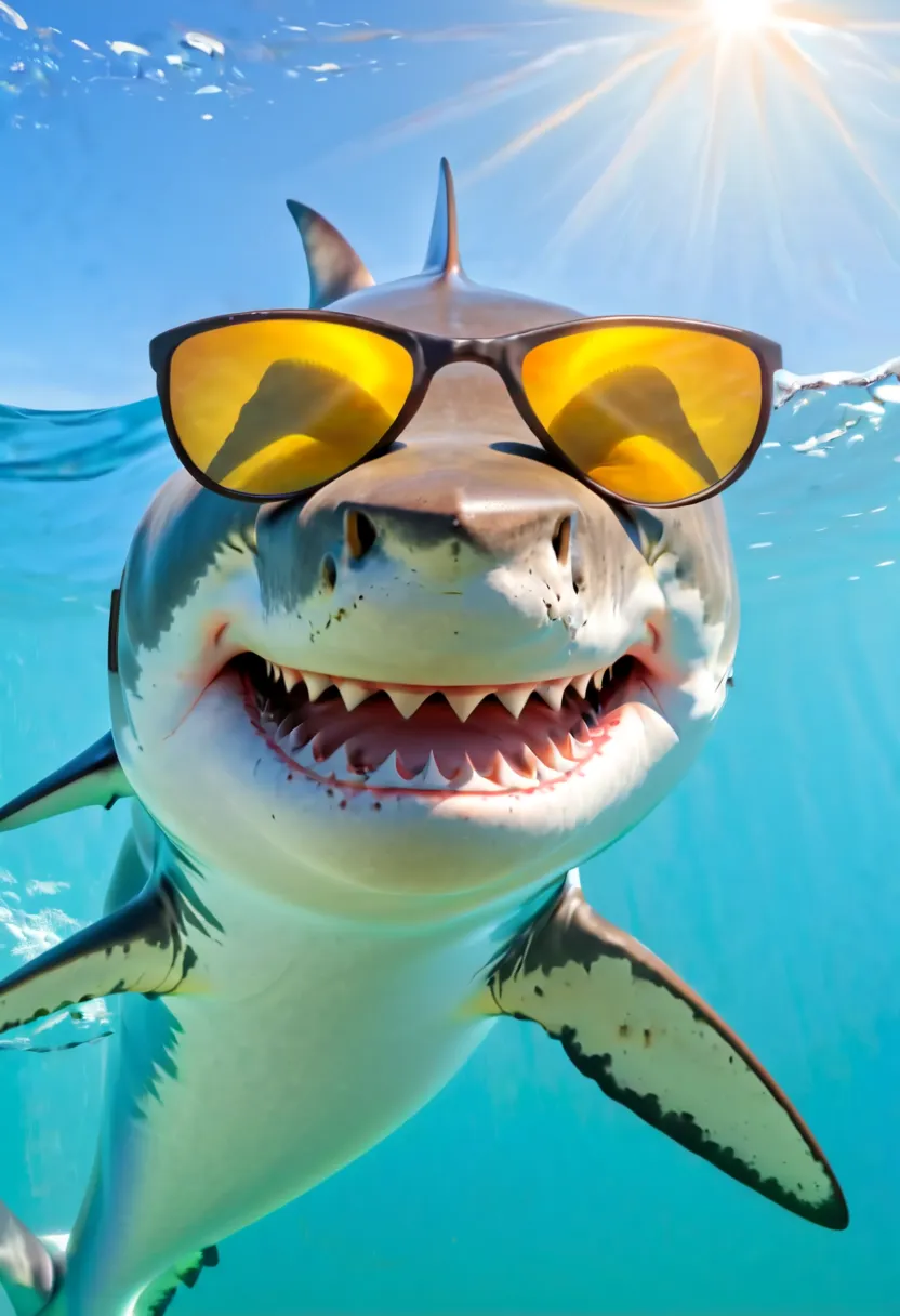 spectacular face of a white shark smiling, with sun glasses,