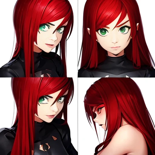 ((master part)), (best quality), (character creation sheet), (front, back and sides view), (4 angles per sheet), Close up of a girls face, (fair skin, perfect skin, big eyes, emerald green eyes, bow-shaped eyebrows, red hair, (light red hair), mid hair, (f...