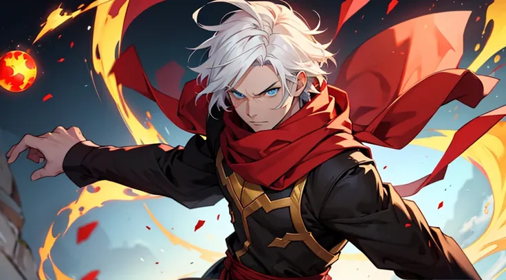 Man in arcane costume with white hair and blue eyes and a red scarf very serious throwing fireballs on a yellow background