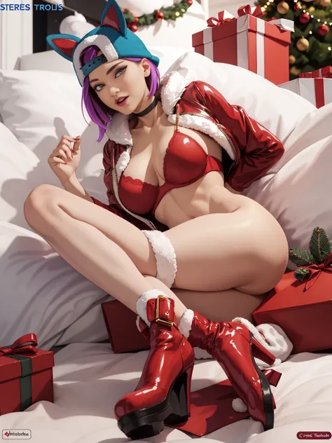 comlynx, 1girl, breasts, hat, choker, animal_ears, purple_eyes female focus, 1girl, cuerpo completo , grandes tetas, gran trasero, voluptuoso, piernas abiertas , pose sexy , escote , Christmas hat , Christmas Clothes, nieve , christmas lingerie, christmas ...