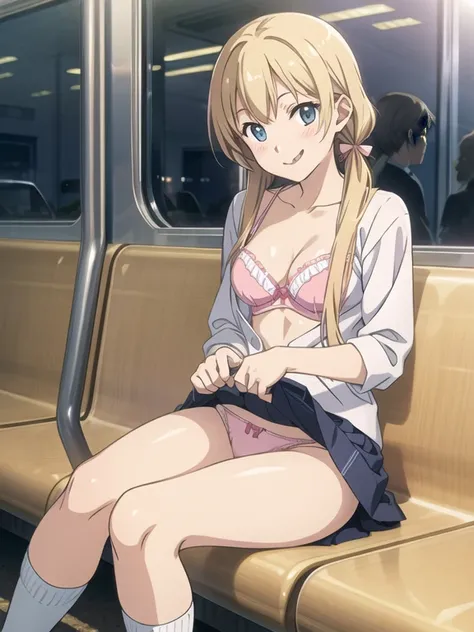 Best Quality, masutepiece, 超A high resolution, (Photorealistic: )hi-school girl、frontageから見る、Loose Socks、a blond、Twin-tailed、bow ribbon、A smile、校服、Blue checked mini skirt、Loose Socks、Sitting on a chair on a bus、legs spread to the left and right、Pink Pantie...