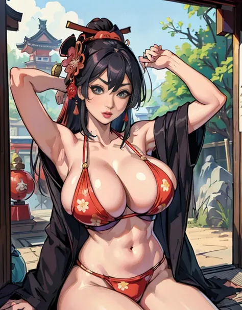 (top-quality、8K、32K、​masterpiece、超A high resolution、(((oiran woman))),22year old、((maikurobikini)),(Colossal tits)、(((cleavage of the breast))),((extremely heavy breasts)),(Login Hair)、abdominals、the perfect body、(((Armpit))),((flower quill woman)), Delica...