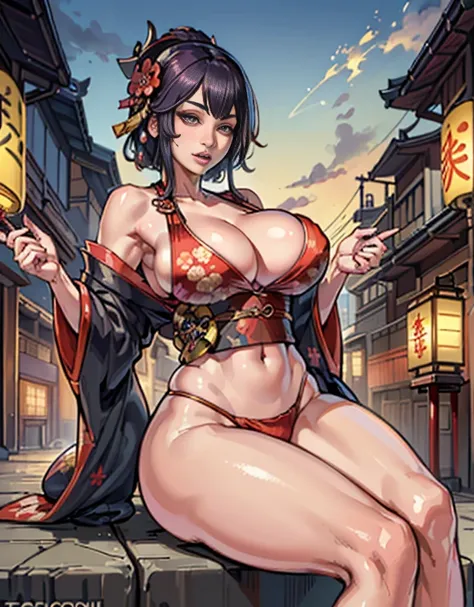 (top-quality、8K、32K、​masterpiece、超A high resolution、(((oiran woman))),22year old、((maikurobikini)),(Colossal tits)、(((cleavage of the breast))),((extremely heavy breasts)),(Login Hair)、abdominals、the perfect body、(((Armpit))),((flower quill woman)), Delica...