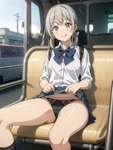 Best Quality, masutepiece, 超A high resolution, (Photorealistic: )hi-school girl、frontageから見る、Loose Socks、silber hair、Twin-tailed、bow ribbon、A smile、校服、Blue checked mini skirt、Loose Socks、Sitting on a chair on a bus、legs spread to the left and right、White a...