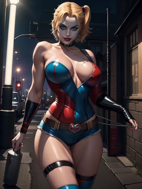 Harley Quinn (Costume mix in Joker style) от DC Comics, muscular erotic body, big firm breasts, CGI mit klarem Fokus, fotorealistisch, Hohe Detailgenauigkeit, realistisch, Meisterwerk, absurd, best quality, HDR, Hiquality, hight resolution, Extrem detailli...