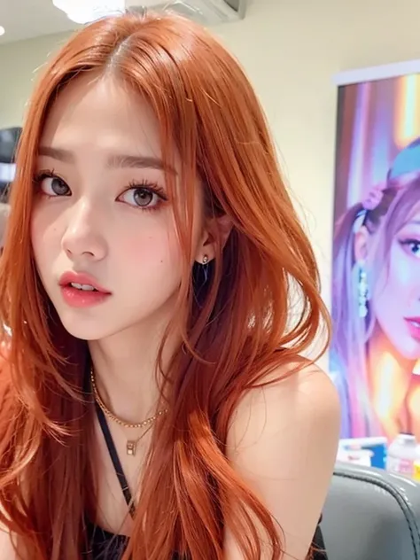 Un primer plano de una mujer con el pelo largo y rojo y un collar, Jossi de Blackpink, portrait of Jossi de Blackpink, Ella tiene el pelo largo redorange, Parque Roseanne de Blackpink, Lalisa Manobal, Lalisa Manoban de Blackpink, Sun Yunjoo, Jisoo de Black...