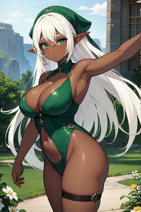 Elf Girl, Dark skin, chubby, green eyes, white hair