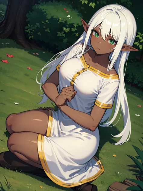 Elf Girl, Dark skin, chubby, green eyes, white hair