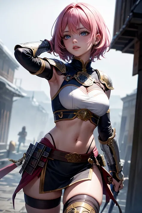 (best quality, 4k, 8k, highres, masterpiece:1.2), Pink Hair、Shorthair、breasts are beautiful and big。you are a brave warrior。wears steel armor。fighting with a sword。Obtained the legendary sword！However, he was attacked by a monster and his armor was torn to...