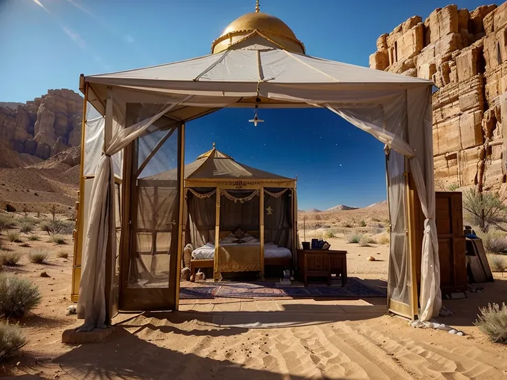 "Capture the beauty and grandeur of the Jewish tabernacle in the desert, built in tent ,highlighting the holy place where the presence of God dwells and the ark of the covenant, sacred symbols of the people of Israel. Show the grandeur and importance of th...